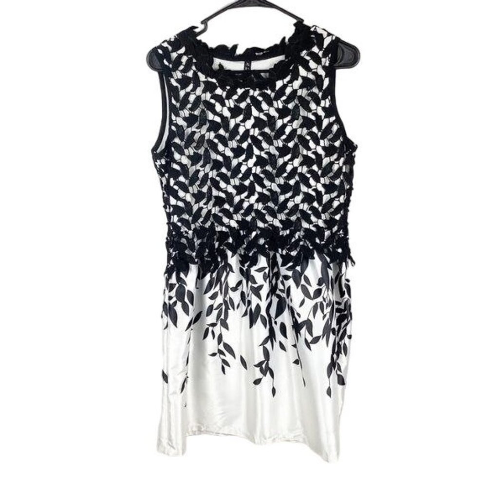 Meeshine Women black white appliqué Lace‎ overlay Vining Leaves Dress Size XL